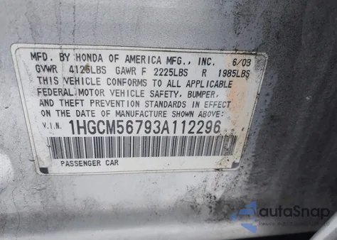 2003 Honda Accord 2.4 Ex из США, поврежденный, VIN 1HGCM56793A112296